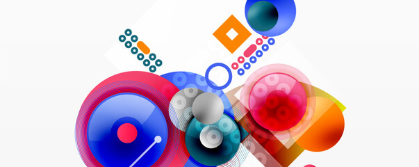 Abstract colorful shapes overlap, creating dynamic composition. Circles, squares, lines form modern design. Bright hues dominate visual space.
