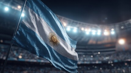 Waving Argentina flag in a vibrant stadium during a thrilling soccer match at night