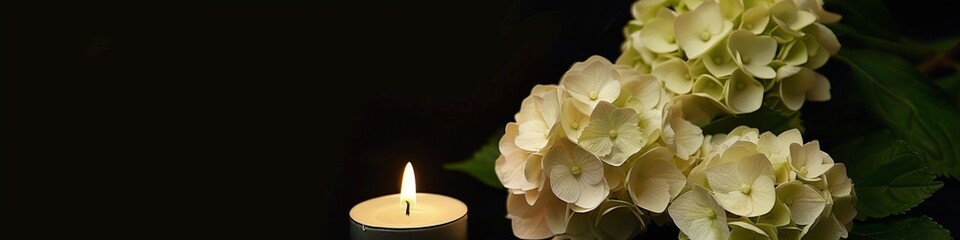 Funeral background with white hydrangeas and a candle, with space for text.