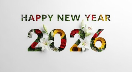 Happy new year 2026 text with floral elements and confetti isolated on white background