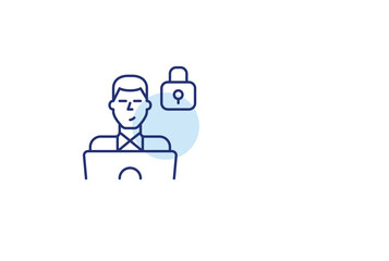 Man working at laptop and lock. Privacy and data protection, secure login and authentication. Pixel perfect, editable stroke vector icon