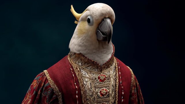 Elegant parrot portrait in elaborate costume on dark background