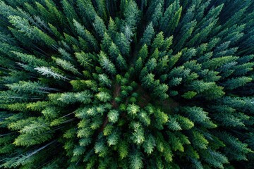 Aerial View of Green Pine Forest Canopy in Natural Sunlight Woodland Evergreen Trees from Above Forest Scenery Nature Photography