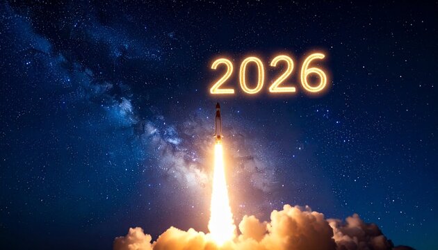 Rocket launch beneath glowing “2026” in starry night sky