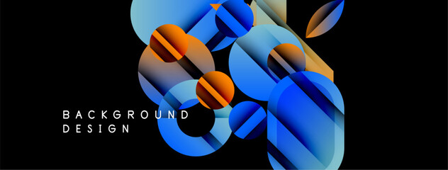 Abstract geometric shapes overlap, creating vibrant color gradients. Blue, orange hues dominate black background. Modern design element.