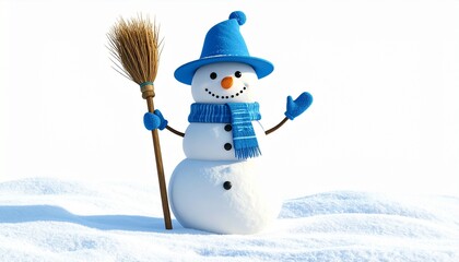 Cheerful snowman wearing blue hat and scarf holding a broom in a snowy landscape under bright winter sunlight.