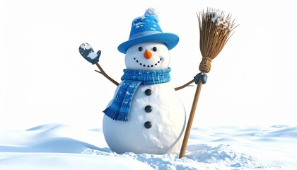 Cheerful snowman wearing blue hat and scarf holding a broom in a snowy landscape under bright winter sunlight.