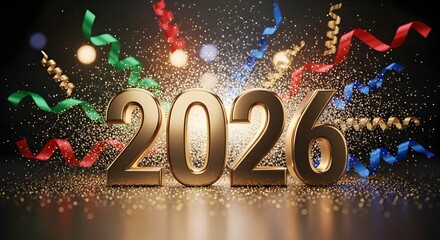 Elegant golden 2026 numbers celebrating the New Year with a festive explosion of shimmering confetti and colorful streamers on a dark background