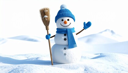 Cheerful snowman wearing blue hat and scarf holding a broom in a snowy landscape under bright winter sunlight.