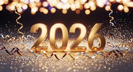 Sparkling Golden 2026 Celebration with Glittering Confetti and Elegant Bokeh Lights on a Dark Festive Background, Ideal for New Year's Eve, Milestones, and Future Event Design