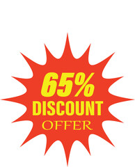 A red starburst seal graphic with yellow text indicating a 65% off discount for sales and promotions.