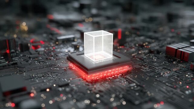 A glowing, crystalline cube floats atop a motherboard with red light, bokeh, and integrated circuits