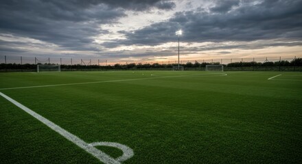 Fototapeta premium A well-maintained, empty soccer field under a dramatic, cloudy sky at dusk