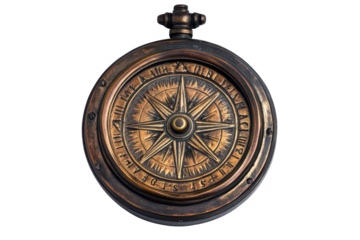 Antique pocket compass with intricate details isolated on transparent background. Vintage nautical compass isolated on white background.