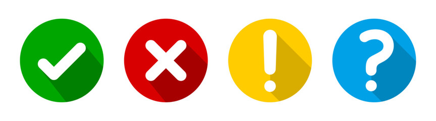 Obraz premium Checkmark, tick, cross, exclamation mark, and question mark icons set. Right, Wrong, Yes, No sign with shadows vector illustration.