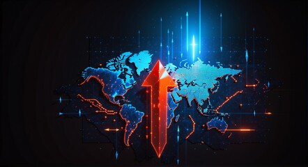 A futuristic digital map of the world, glowing with blue and orange data networks, centered around a bold red upward arrow symbolizing global growth, innovation, or market expansion in tech-driven eco