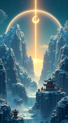 A mystical, snow-covered mountain valley features a glowing crescent moon suspended above an ethereal golden archway that pierces the starry sky. Atop a cliff stands a traditional East Asian pagoda, w