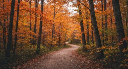 Fototapeta premium A winding dirt path weaves through a forest ablaze with vibrant autumn foliage