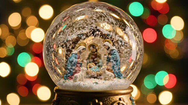 Christmas Nativity Scene in Snow Globe - A Christmas nativity scene is featured inside a snow globe with falling snow effect. Bokeh lights in the background add to the festive and magical atmosphere.