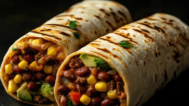 Two burritos with beans and corn. One is open. The other is closed