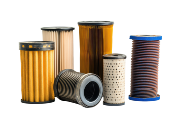 Collection of various air filters isolated on transparent background. Air fuel or oil filters isolated on white background.