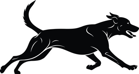 Black dog silhouette running, leaping, energetic pet motion, dynamic animal shape, canine agility, abstract vector design, isolated graphic illustration