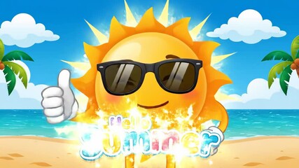 Cartoon Sun Summer Greeting - The video shows a cartoon sun character wearing sunglasses on a beach background with the text "Hello Summer".