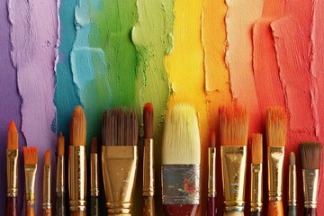 Assortment of Paintbrushes Displayed Against a Multicolored Painted Background Illustrating Creative Concepts