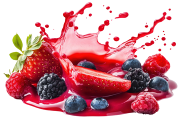 Fresh berries and pink splash isolated on transparent background. Berry juice swirl splash isolated on white background.