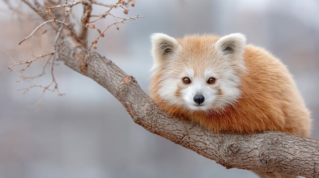 Close up of a fluffy red panda with frost on its fur resting on a tree branch in a cool grey forest with soft blurred background