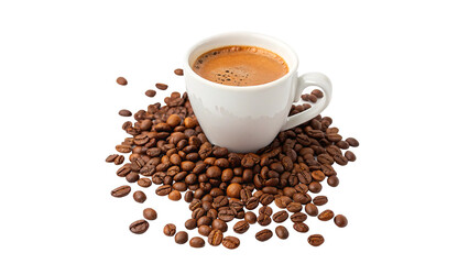 Freshly brewed coffee surrounded by scattered coffee beans isolated on transparent background