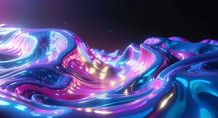 A mesmerizing, fluid landscape of glowing neon waves in vibrant purples, blues, and goldssmooth, liquid-like surfaces undulating with futuristic light reflections against a dark cosmic backdrop.