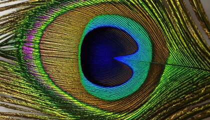Obraz premium Vivid Peacock Feather Macro: Iridescent Green Blue Gold Stripes