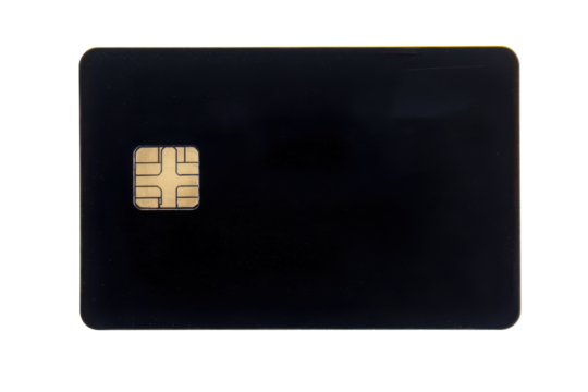 Black credit card with golden chip isolated on transparent background. Black blank credit card with chip isolated on white background.
