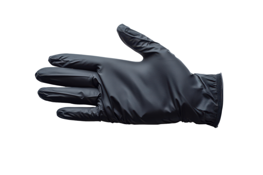 Textured black leather glove isolated on transparent background. Black nitrile glove isolated on white background.