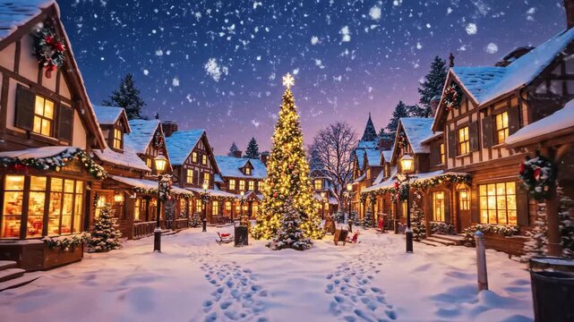 Charming Christmas Village at Twilight - A snow-covered Christmas village is illuminated by street lights and the warm glow of windows at twilight.