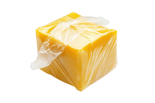 Block of cheddar cheese wrapped in plastic isolated on transparent background. Bouillon cube unwrapped isolated on white background.