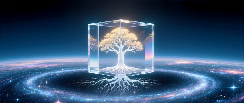 Glowing tree in a crystal cube surrounded by cosmic energy at night