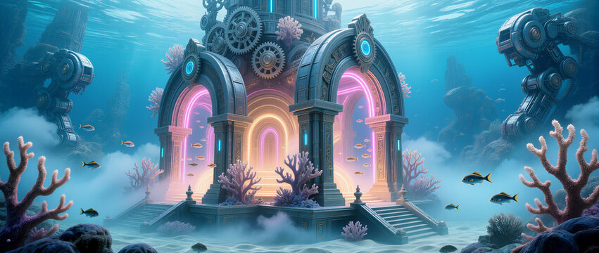 Underwater city with vibrant coral and high-tech wonders