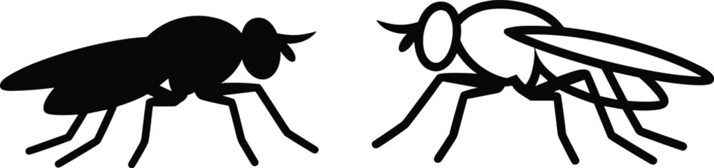 Black silhouette fly insect illustration, detailed outline fly drawing, entomology vector design, pest control symbol, isolated bug graphic artwork