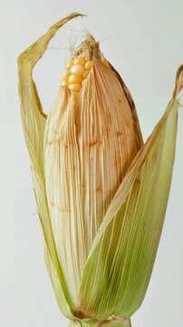 A detailed view of a single corn stalk with green leaves and yellow kernels