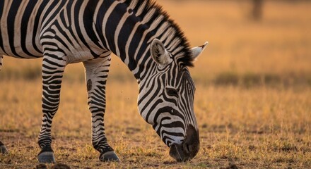 A zebra grazes, its distinctive black and white stripes contrasting against a warm sunset background