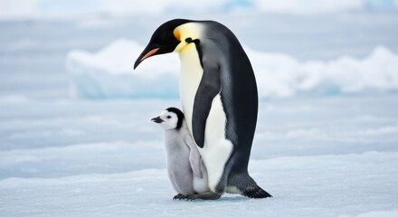 Obraz premium Adult emperor penguin stands with chick on icy surface, with icebergs in background
