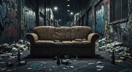 A worn couch sits in a gritty alley filled with trash and graffiti, under dim lights
