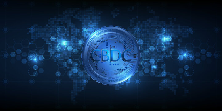 Vector illustrations of abstract economic artwork and background with central bank digital currency CBDC coins and world map.
