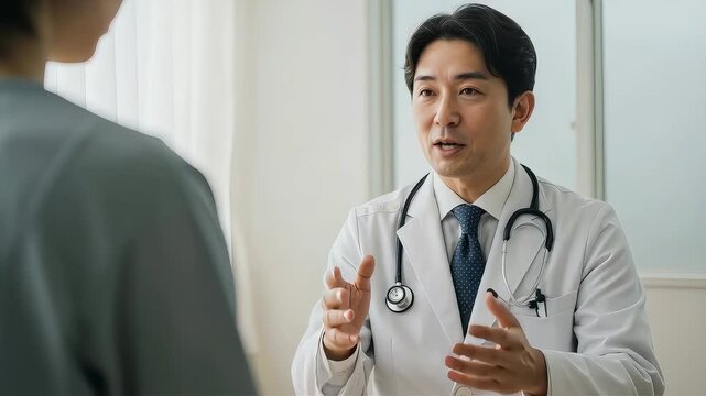 患者に熱心に説明する中年の男性医師（真剣な表情）
