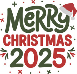 Festive merry christmas 2025 greeting graphic with santa hat and snowflakes perfect for holiday cards and decorations