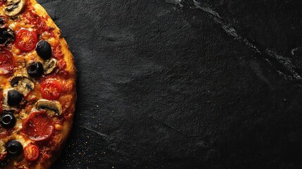Close Up Shot Of Partially Visible Pizza with Black Olives Pepperoni and Mushrooms Against Dark Textured Background with Sparkles