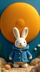 A cute white bunny in a blue coat stands on sandy ground beneath a large, textured orange sun against a deep teal background  whimsical and cozy.