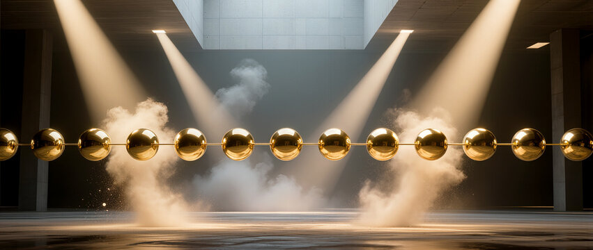 Golden spheres align in an artistic display of light and shadow